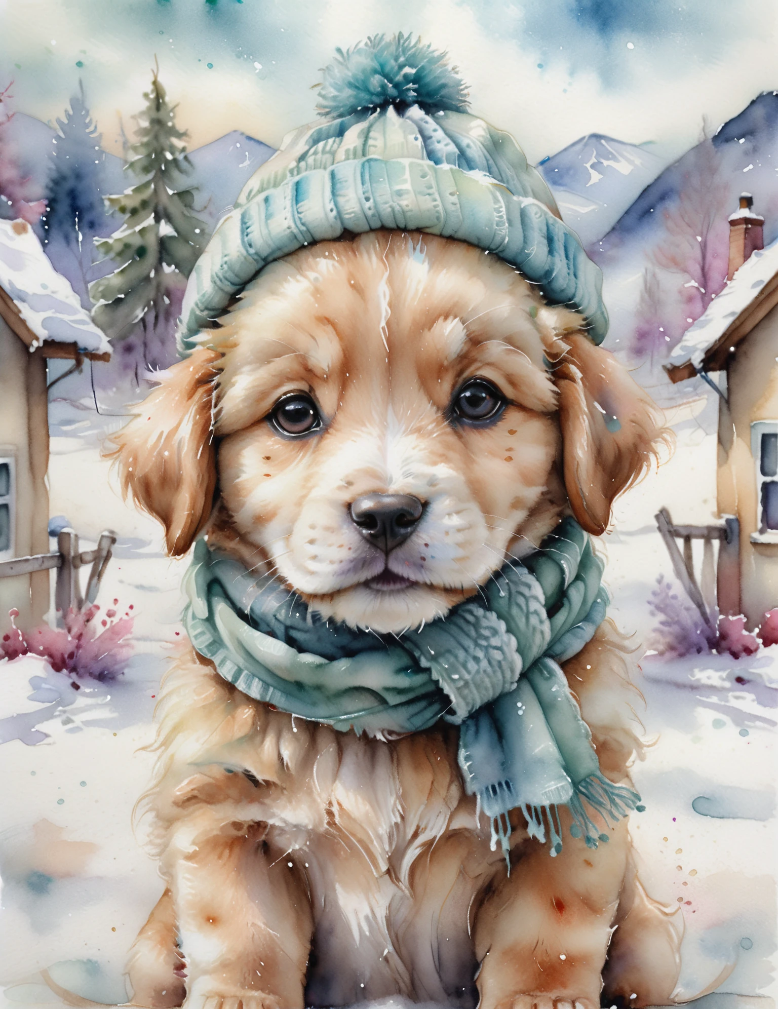 Close-up watercolor painting, (Adorable puppy:1.3), Symmetrical composition, Winter hat and scarf, (Soft pastel hues:1.2), Playful expression, Fluffy fur, Snowy backdrop, (Cozy atmosphere:1.2), Captured with Winsor & Newton watercolors, Delicate brush strokes, Endearing charm. <lora:Artistic Image Enhancement v1.0:1>