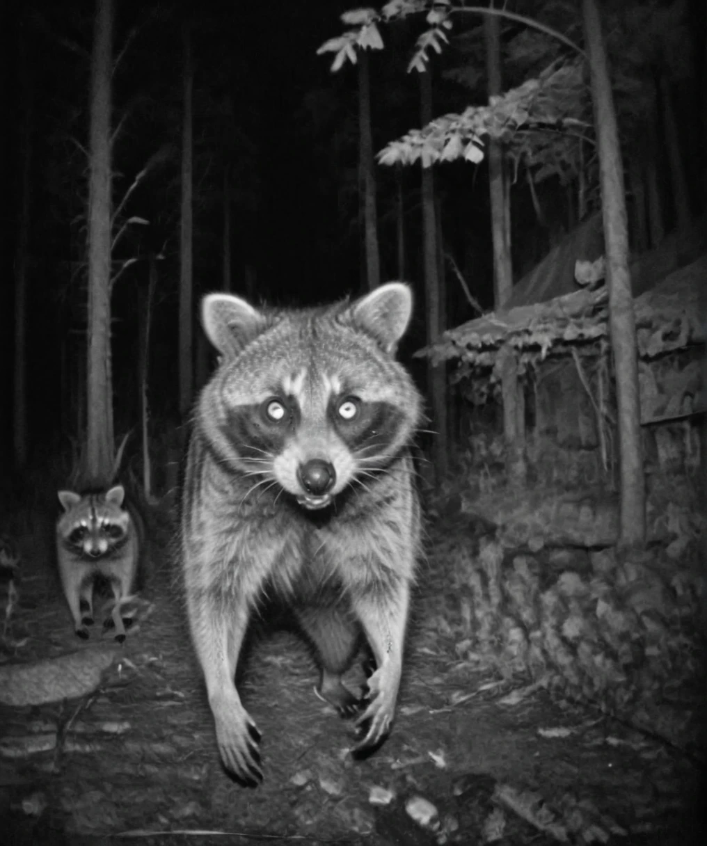 Camera trap, monochrome, raccoon looking at the camera, horror <lora:Camera trap:1>