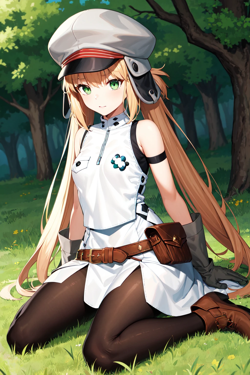 masterpiece, best quality, highres, aacaster, long hair, twintails, ushanka, grey headwear, green eyes, bare shoulders, white shirt, sleeveless dress, brown gloves, brown belt, pouch, black pantyhose, <lora:artoria_caster_(caster)_v1:0.7>, wariza, grass, filed