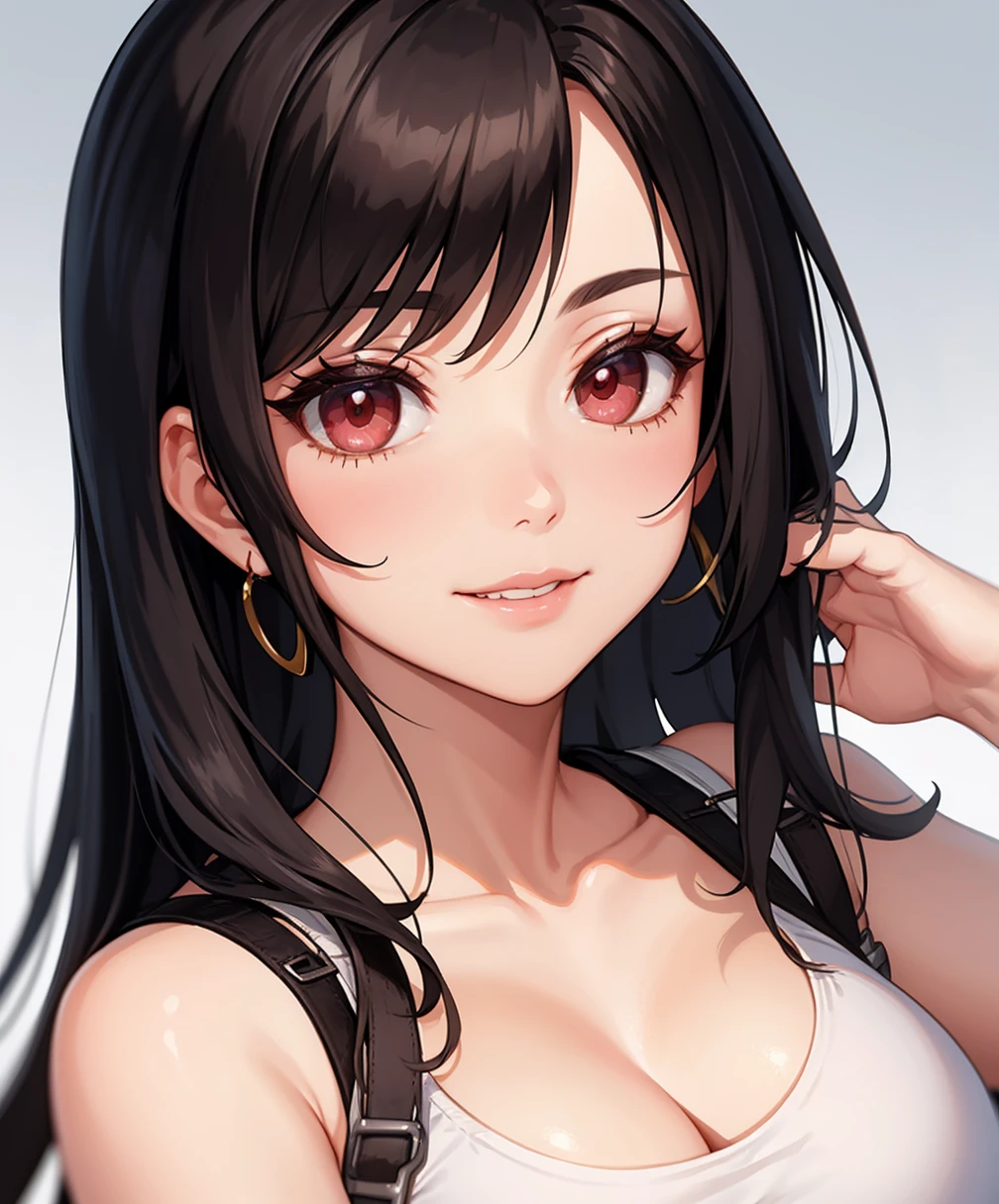 <lora:SenriganStyle:0.0>,tifa lockhart,blackhair, long hair,,calm smile,maturefemale,cleavage,white croptop,simple background, gradient background,portrait