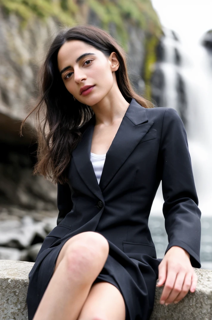 tv_Buket_Komur_A_V2, model pose, thoughtful expression, ((wearing a business suit )),full body shot, Dawn, at a waterfall, (((relaxed))), "epic-Ultra-HD-details", "epic-Ultra-HD-highlights", PA7_Human-Likeness