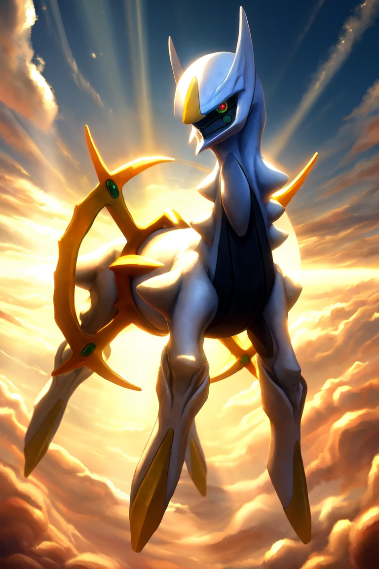 (hi res), ((masterpiece)), ((best quality)), by techworks, digital media \(artwork\), arceus, feral, floating, red eyes, green sclera, tail, no mouth, shiny skin, looking at viewer, from side, detailed background, cloud, sky, sunrays, (8k hd, hdr:1.1)  <lora:arceusV1:1>