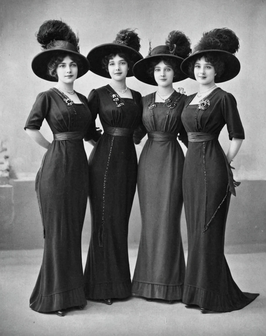 vintage photo of sexy ladies wearing black dresses and hats, posing
<lora:1910_Dress_XL:1> 1910_dr3ss