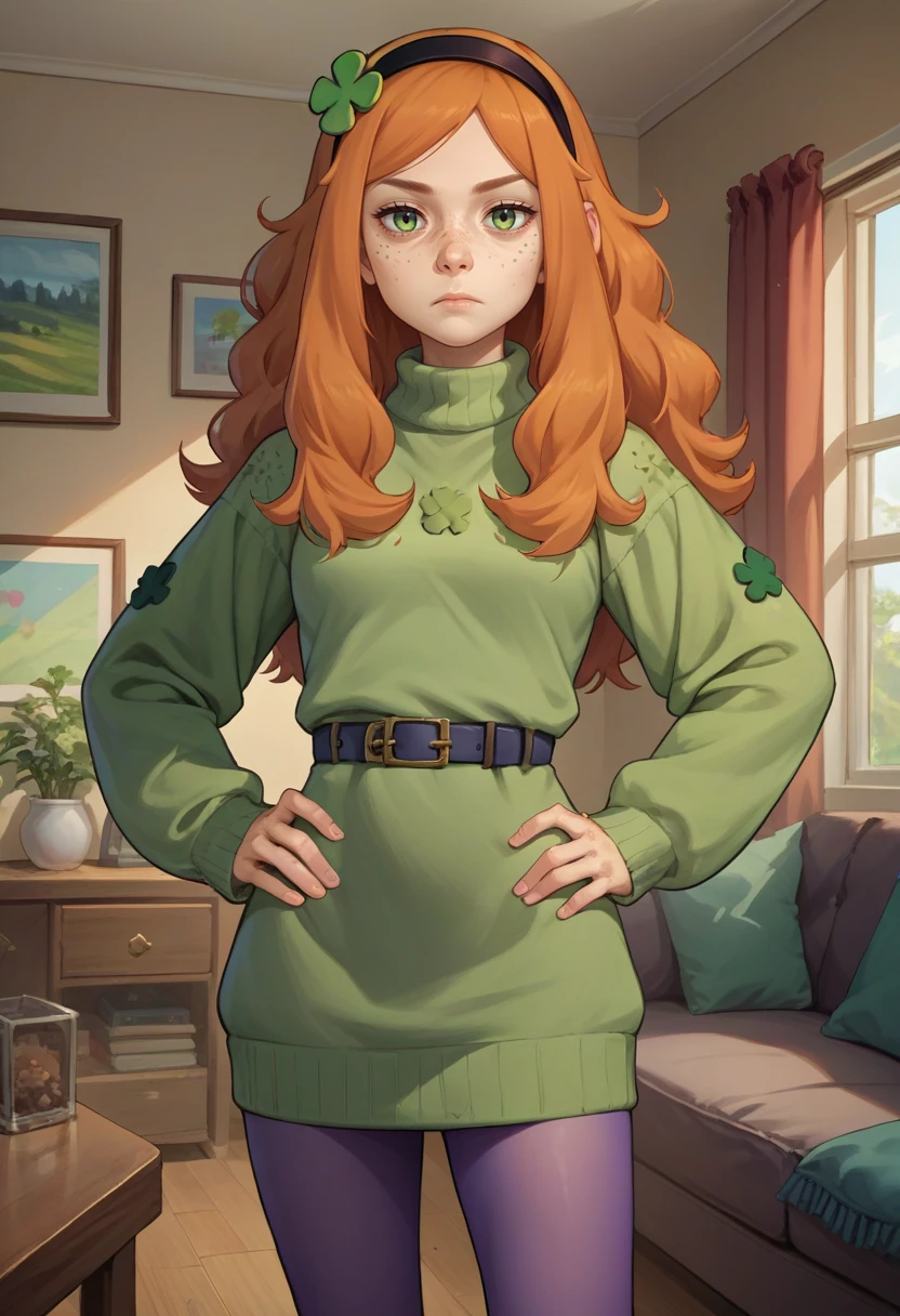 score_9, score_8_up, score_7_up, source_anime, 1girl, vivianjames, freckles, expressionless, looking at viewer, hand on hip, four-leaf clover hair ornament, hairband, green sweater, sweater dress, long sleeves, purple pantyhose, indoors, living room <lora:4chan_vivianjames_ponyXL:1>