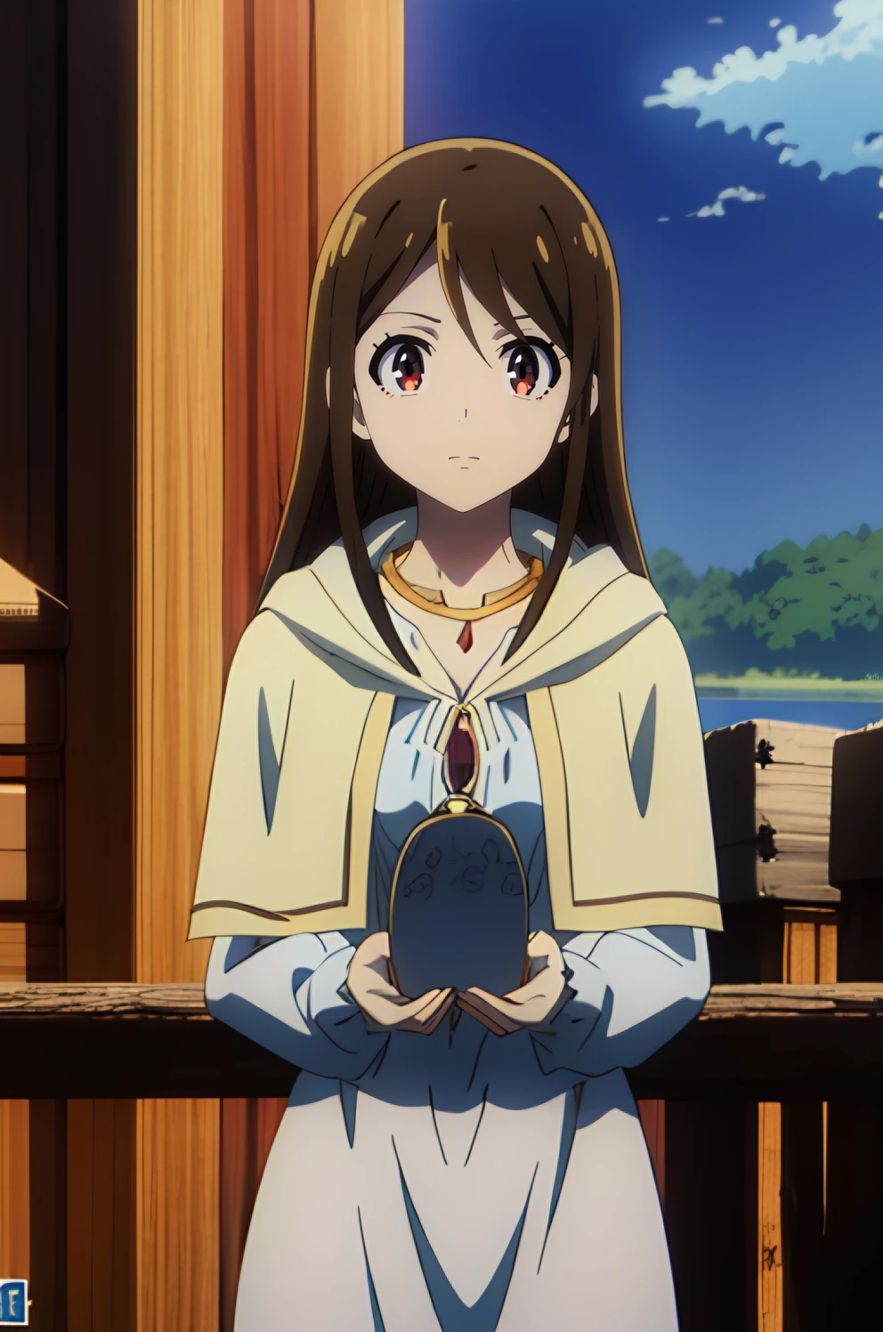 <lora:Amiris:0.7> amiris, brown_hair, 1girl, long_hair, brown_eyes, solo, bangs, lake, cowboy shot, jewelry, hood, necklace, capelet, best_quality, highres, extremely_detailed, anime perfect detailed style, 8k, masterpiece, anime art style, anime coloring,