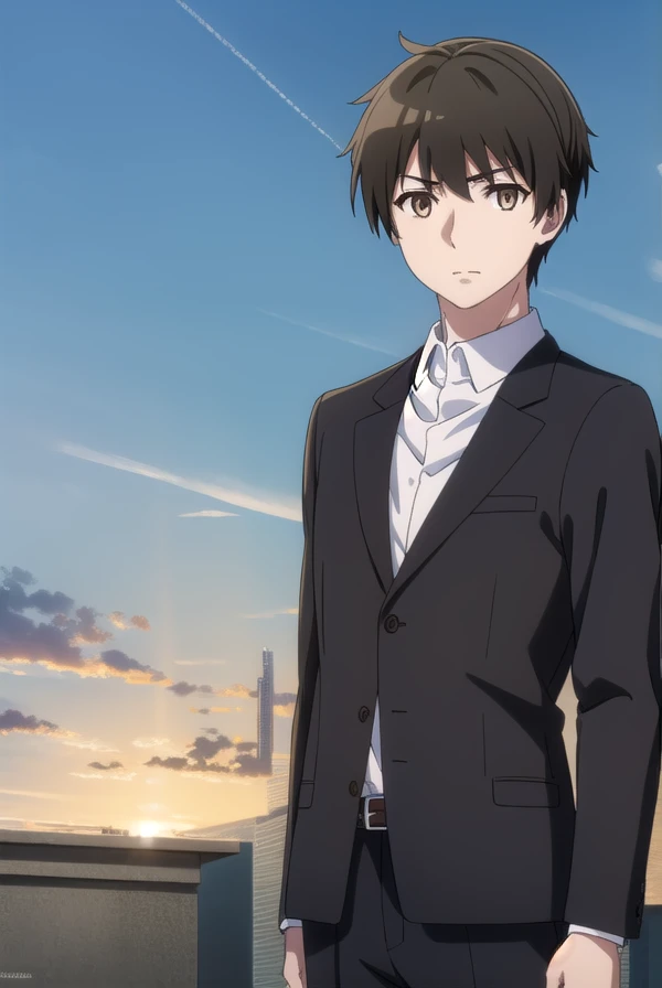 kimihikokimizuka, <lora:kimihiko kimizuka s1-lora-nochekaiser:1>,
kimihiko kimizuka, short hair, brown hair, black hair, (brown eyes:1.5), male focus,
BREAK shirt, jacket, white shirt, collared shirt, belt, pants, black jacket, black pants, formal, suit,
BREAK outdoors,
BREAK looking at viewer, dynamic pose, cowboy shot,
BREAK <lyco:GoodHands-beta2:1>, (masterpiece:1.2), best quality, high resolution, unity 8k wallpaper, (illustration:0.8), (beautiful detailed eyes:1.6), extremely detailed face, perfect lighting, extremely detailed CG, (perfect hands, perfect anatomy),
