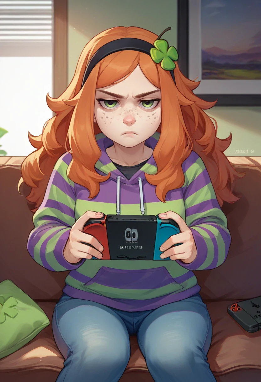 score_9, score_8_up, score_7_up, source_anime, 1girl, vivianjames, freckles, unamused, looking at viewer, sitting, couch, holding handheld game console, nintendo switch, four-leaf clover hair ornament, hairband, striped hoodie, jeans, living room <lora:4chan_vivianjames_ponyXL:1>