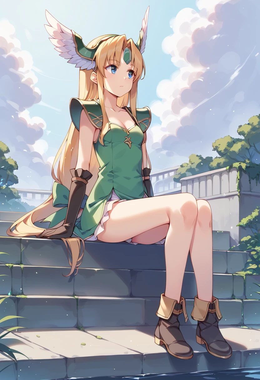 score_9, score_8_up, score_7_up, best quality, masterpiece, source_anime BREAK
1girl, riesz, original, solo, sitting, low-tied long hair, winged helmet, very long hair, blonde hair, blue eyes, sky, small breasts, helmet, armor, cloud, elbow gloves, legs, hair bow, green dress, bare legs, stairs, head wings, cleavage, sitting on stairs, short dress, looking away, forehead jewel, outdoors, polearm, water, ankle boots, light particles, long legs, skirt, ribbon, looking afar, shoes, sleeveless, black gloves <lora:riesz_sdxl_locon_pony_v1:0.7>
