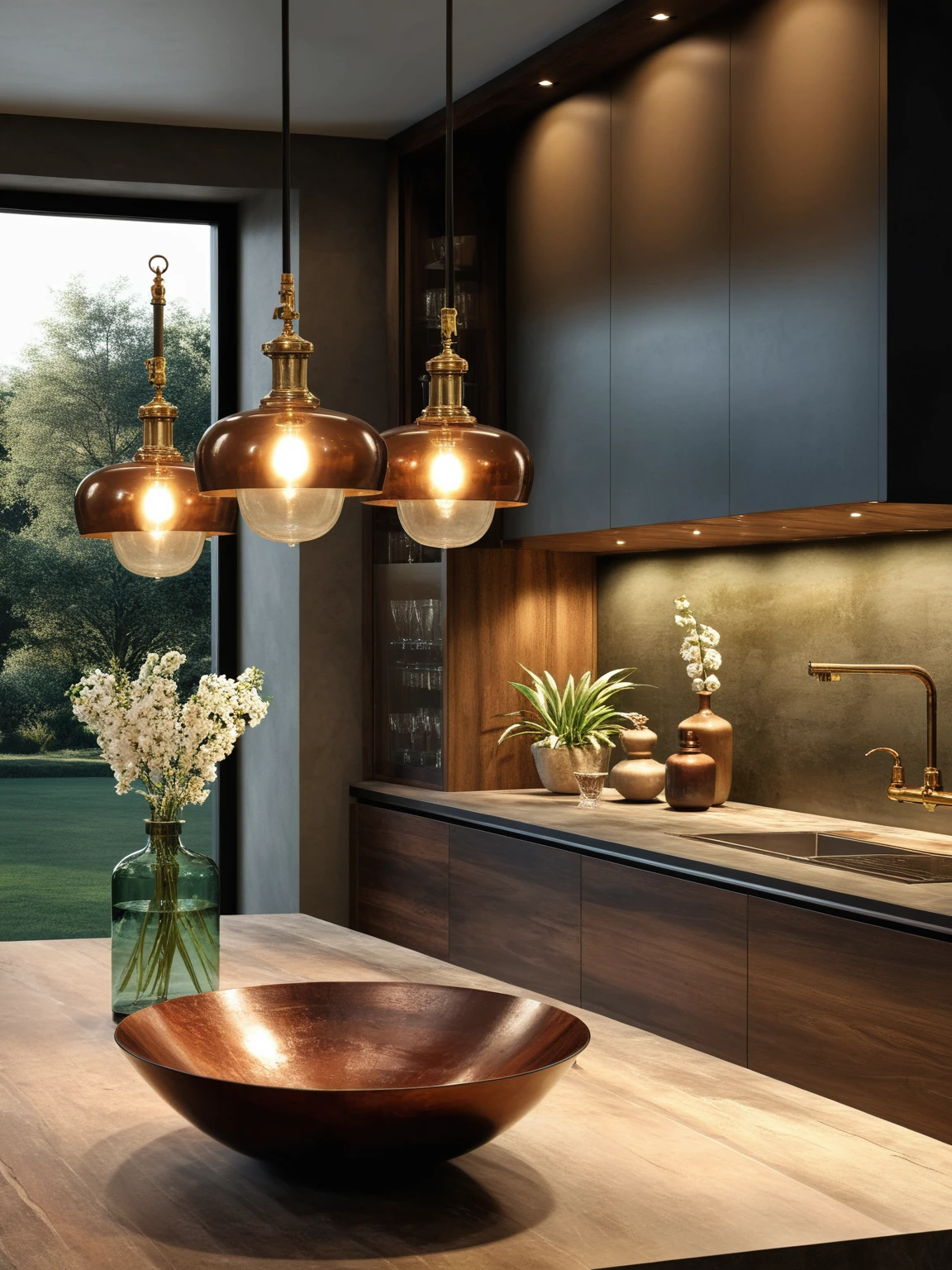 <lora:JJsKitchen_XL:1>, ((Kitchen)), ((best quality)),((masterpiece)),((realistic)), photorealistic, authentic, soft lighting, ,indoor scenery, reflection , lamp, flower, bottle,table, plant, window , wall, faucet,bowl,