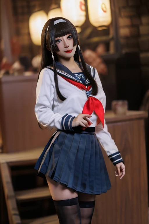 ltra-detailed,highly detailed,best quality,masterpiece,illustration,realistic,photorealistic,
renge, cosplay, solo, 1girl, cosplay,
school uniform, serafuku, sailor collar, long sleeves, neckerchief, pleated skirt, thighhighs, zettai ryouiki,
long hair, bangs, sidelocks, hairband, hair tubes, headband,
looking at viewer, standing, cowboy shot,
blurry background, indoors, photo background, table, hime cut,
<lora:renge_jk_v1_10:1.0>