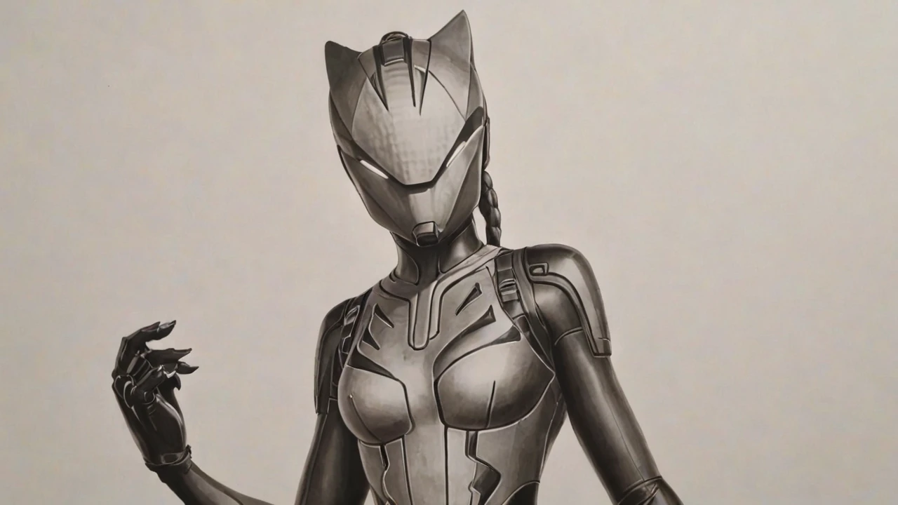 A detailed charcoal drawing of FortniteLynx on white paper <lora:FortniteLynx:1>, full body
