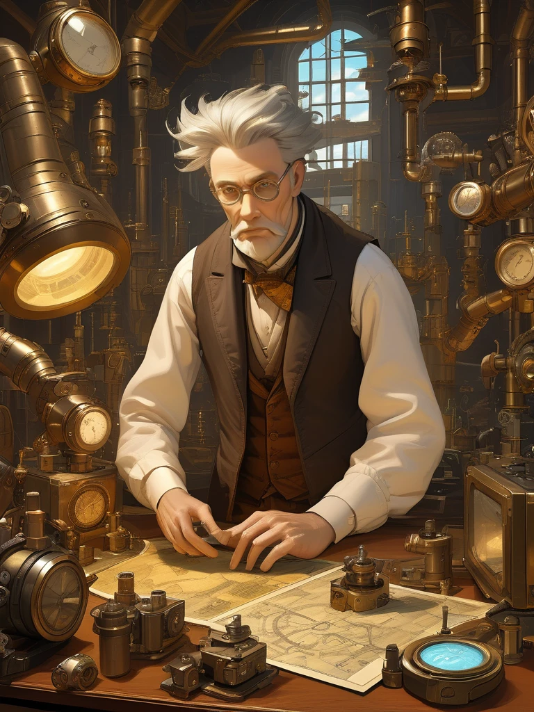Steampunk anime portrait of an inventor in their workshop surrounded by intricate machinery and steam-powered inventions, with attention to the details of the gadgets and the inventorâs curious expression, digital composition, trending on ArtStation.,