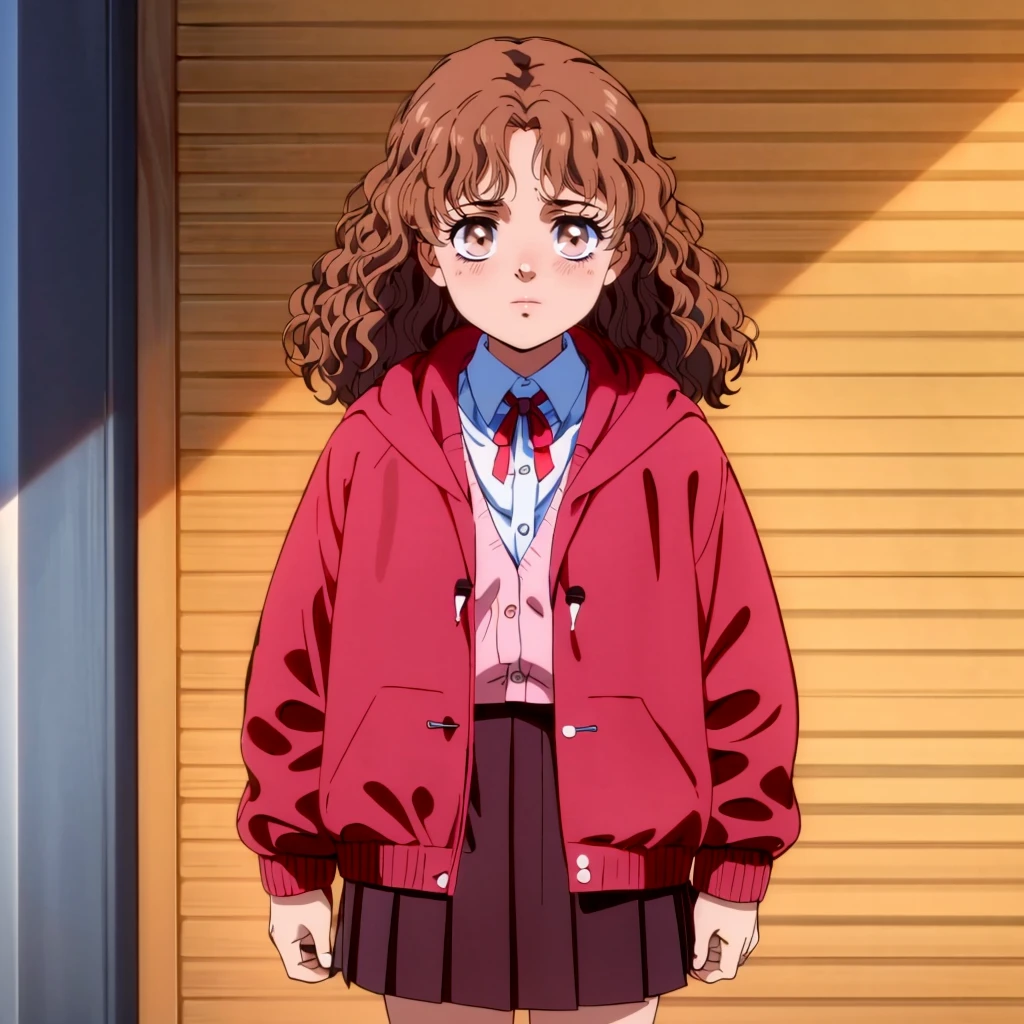 <lora:Flair001:0.7>,<lora:add_detail:0.5>,<lora:noline:0.3>,<lora:boldline:-0.3>,
Flair,1little girl,brown hair,medium hair,curly hair,brown eyes,
redjacket,hooded,collared_shirt,red ribbon,ae pink sweater,
pleated_skirt,