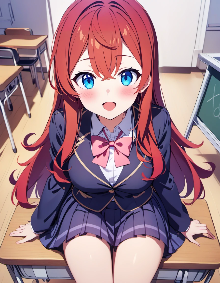 kierose,1girl,pastel colors, solo, long hair, breasts, blush, bangs hair between eyes, very long hair,blush,happy,open_mouth,:D,blue_eyes,red_hair,open_mouth,blue sky,looking at viewer, looking at viewer, <lora:kierose_xl_v1:1>,indoors,classroom,blackboard,school uniform, pleated skirt, blazer,collared shirt, pink bowtie, scarf, skirt,sitting,desk,sitting on desk, from above,