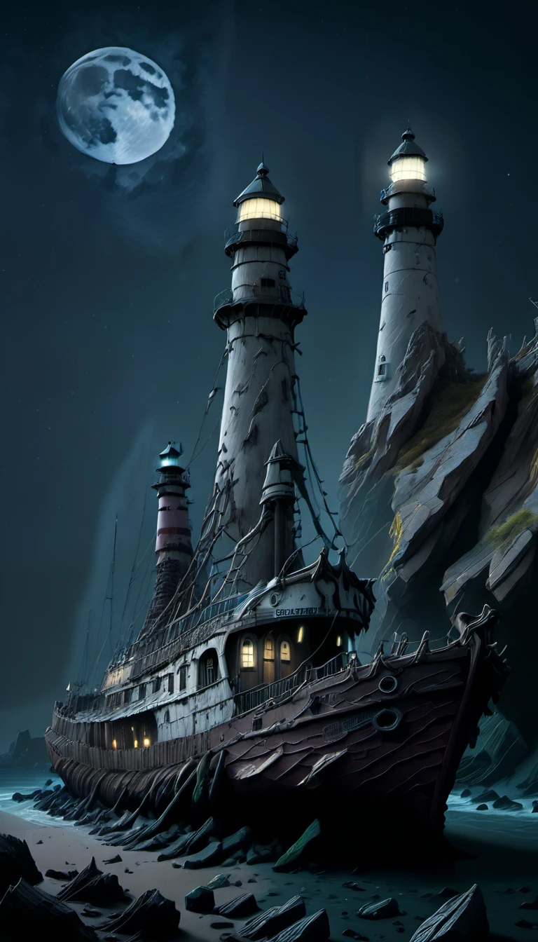 <lora:Everly_Heights_Backgrounds_New_Settings:1> A dilapidated ship with tattered sails is anchored near rocky cliffs under a moonlit sky with a lighthouse standing tall in the background.