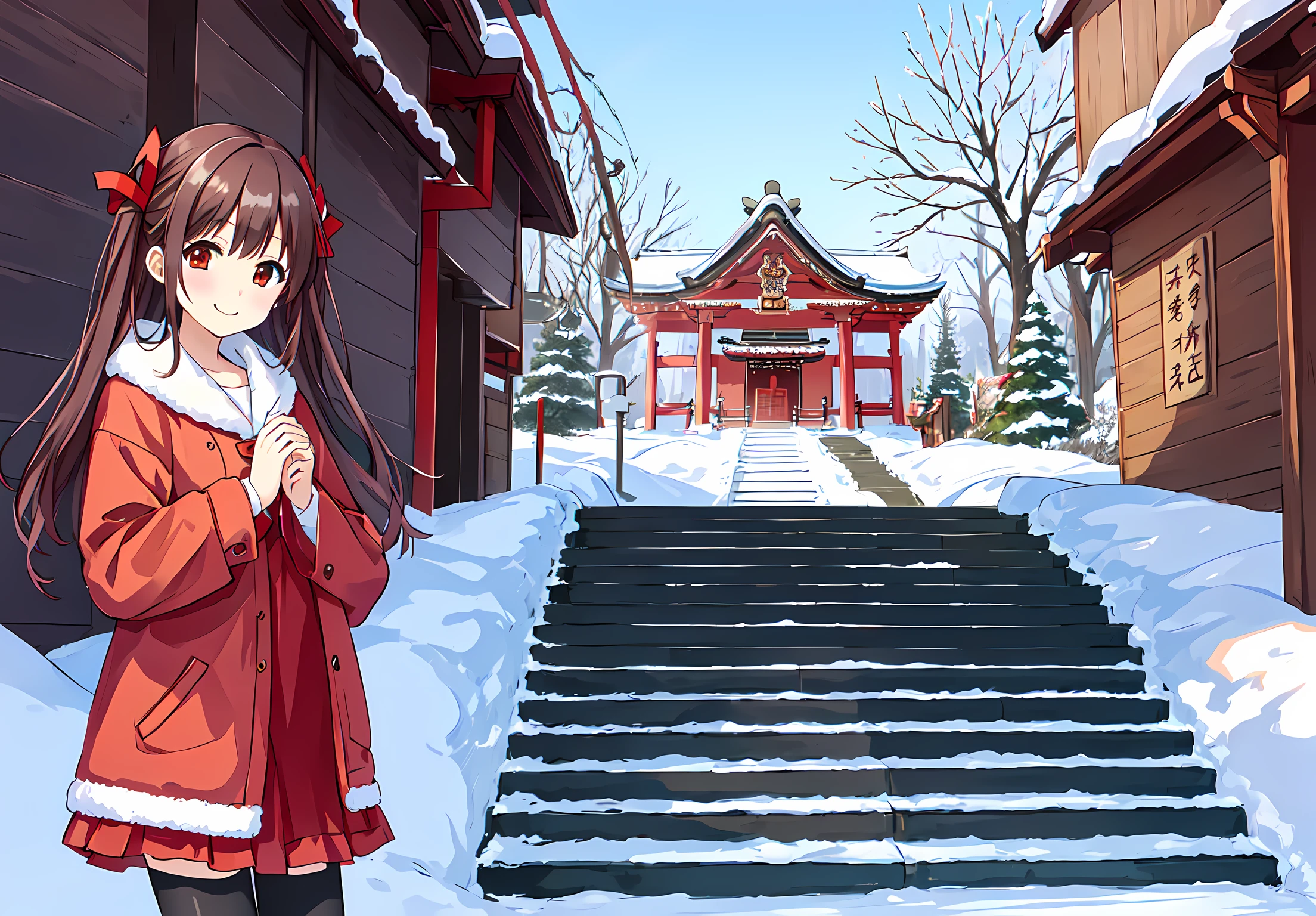 <lora:yuzuriha:0.7>,yuzuriha,1girl,super fine illustration,masterpiece,best quality,in winter,New Yearâs visit to a shrine,go up the stairs,smile,