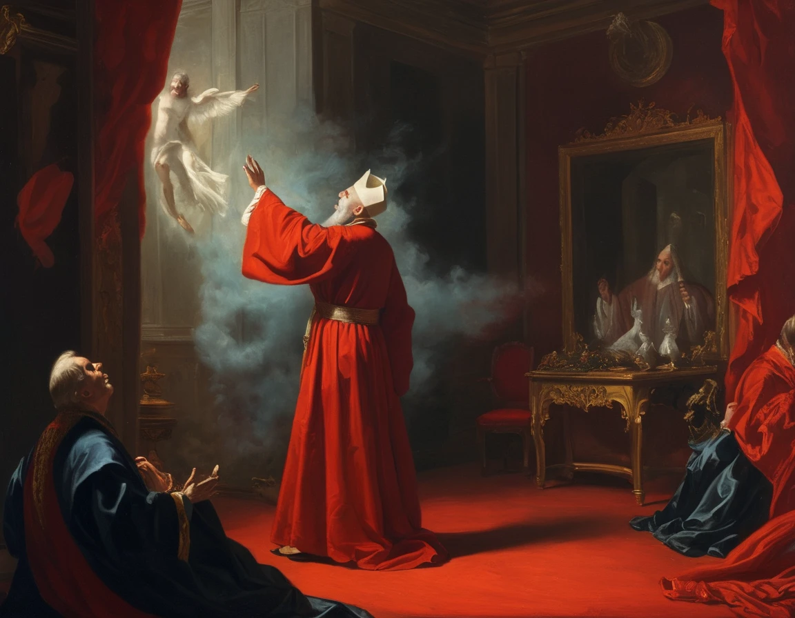 ((Old Oil Painting of christian bishop making an exorsism to a men ,being stalking by ghosts in a red room 1750 by g0ya, brush strokes by g0ya)),((old painting rococo:1,terror (theme) )),g0ya style