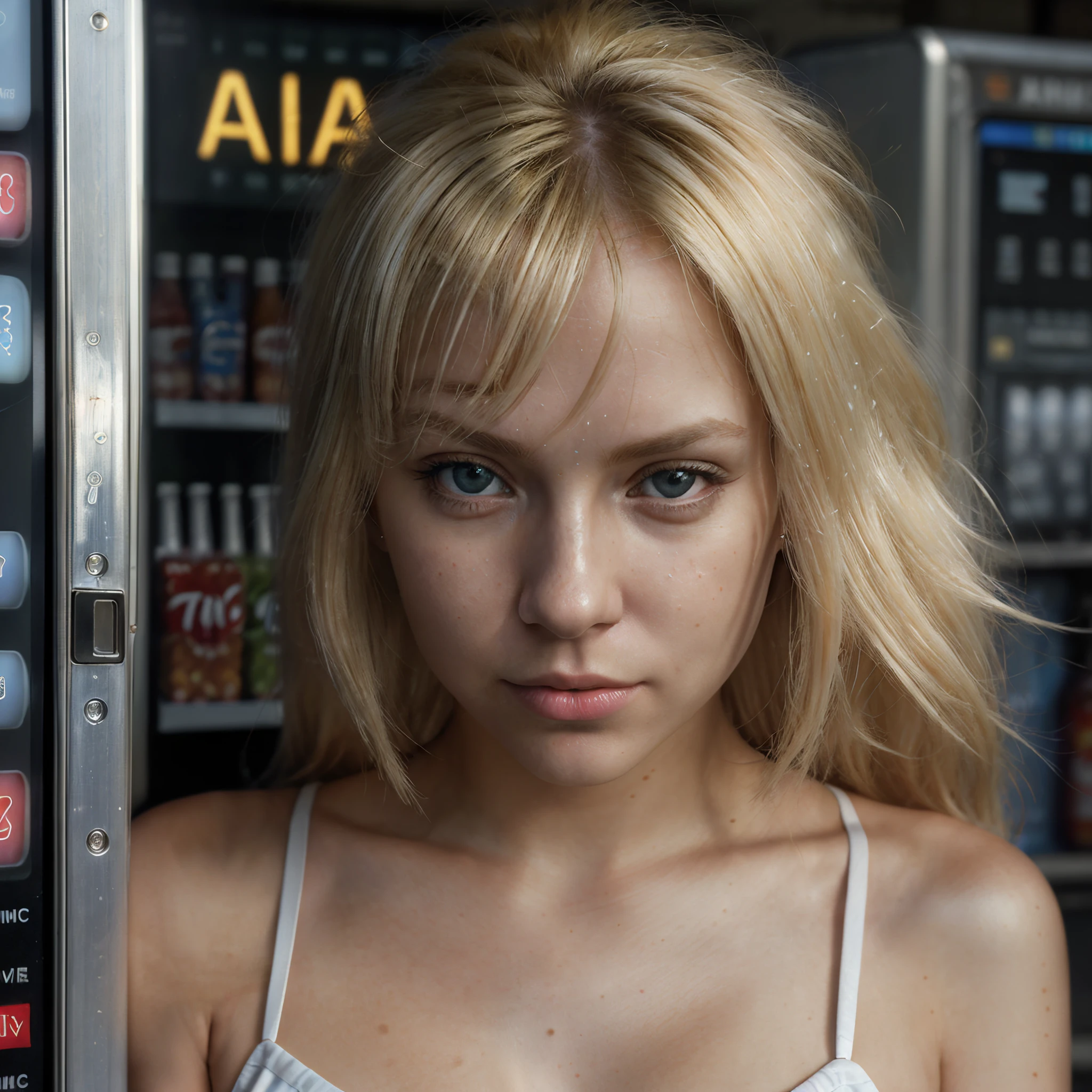 23y female with blonde hair looking into camera, close up of face, <lora:haze:2.9>, daytime, standing at a vending machine morning, cinematic lighting, realistic, 16k, ultra high detailed, textured skin, tack sharp focus, shot with Arri Alexa, 35mm macro