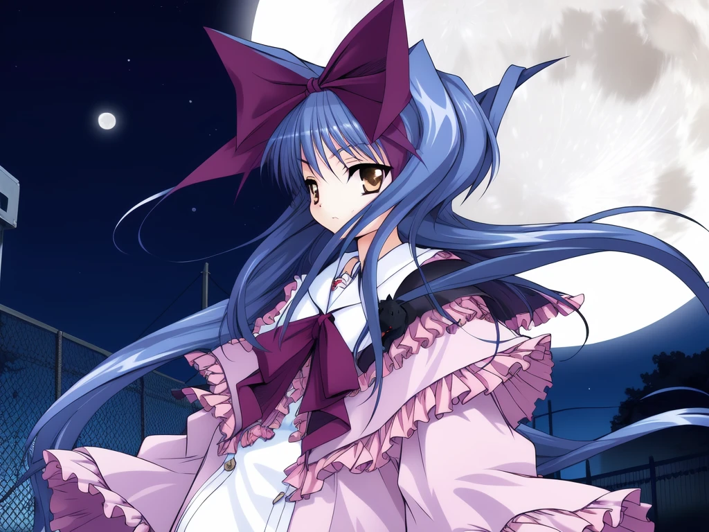 <lora:Shion_IES:0.8>,ShionIES, 1girl, cat, moon, solo, full moon, night, dress, very long hair, long hair, fence, hair intakes, long sleeves, blue hair, black cat, bow, hair bow, frills, sky, ribbon, looking at viewer,
masterpiece, high quality, very_high_resolution, large_filesize, full color,