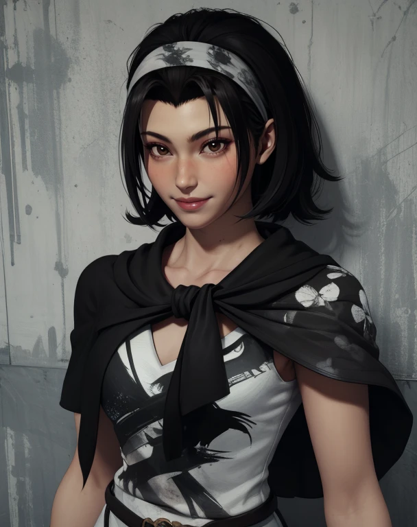 junkazama,black hair,medium hair,brown eyes,blush,looking at viewer,smile,
patterned shirt,small black capelet,headband,belt,
standing,upper body,
night,spring,
(insanely detailed, masterpiece, best quality),solo,<lora:JunKazamaTT2:0.8>,