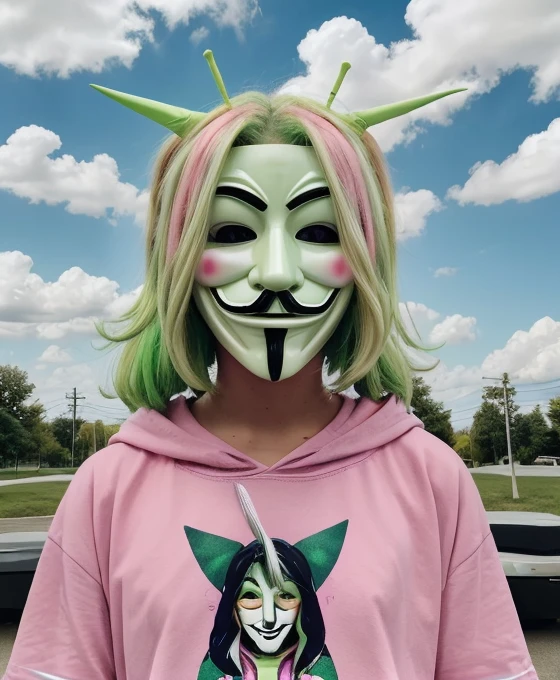 <lora:anonymous:0.4> anonymous, alien, anonymous mask, wavy green yellow pink hair, pink clouds, green sky, angel wings, t-shirt, antennas on head