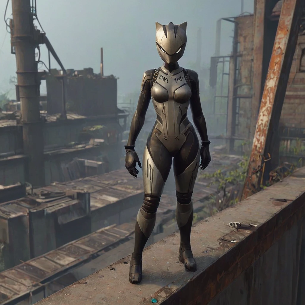 FortniteLynx standing proudly on a ledge of an abandoned factory  <lora:FortniteLynx:1>