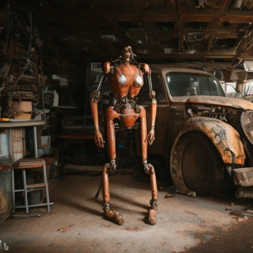 <lora:robots:1.1>a portrait of high detailed standing  robot in an old garage working on an old red car, intricate, rusty, damaged