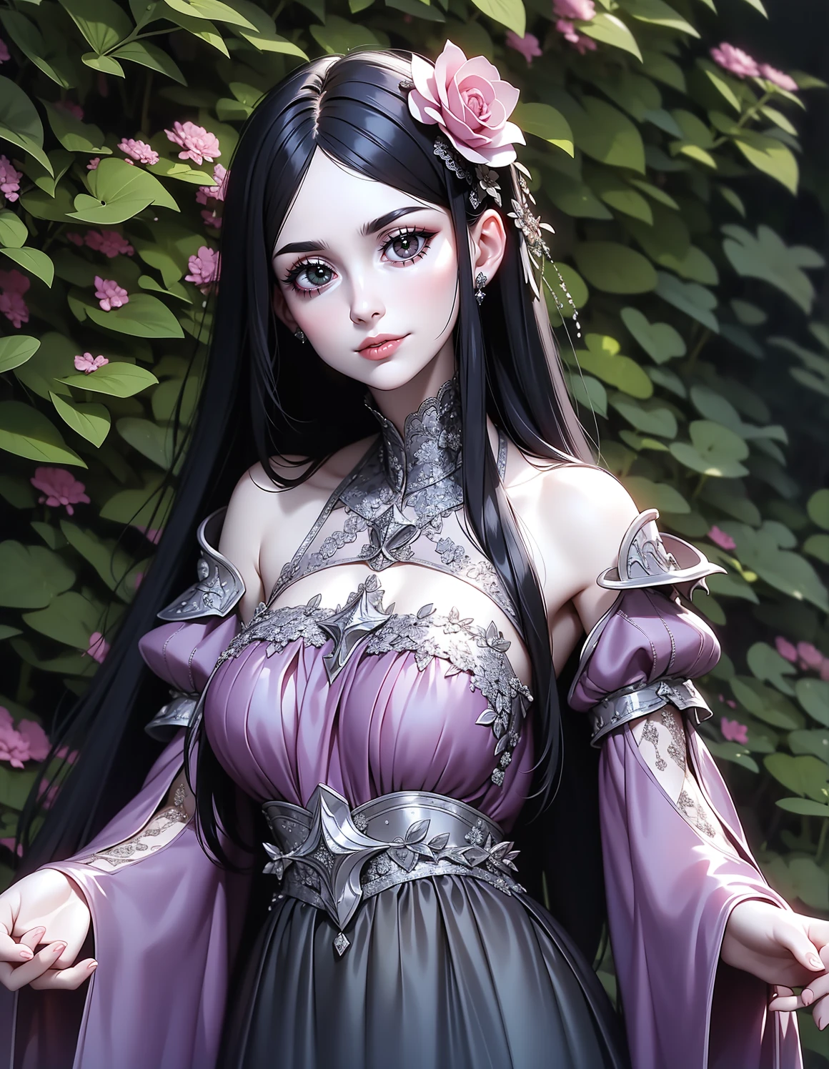 a woman dressed as a princess in a garden, pink half of black cute dress, stunning 3d render, hyper detailed face, wide over all view , (pretty smiling face) ,( double eyelid), beautiful fantasy painting, beautiful fantasy art, anime fantasy artwork, very beautiful fantasy art, magical fairy background, colorfull digital fantasy art, digital art fantasy art, photo realistic , HD ,3D highlight , highly detailed , black (long) hair, fantasy art , best position ( side view)