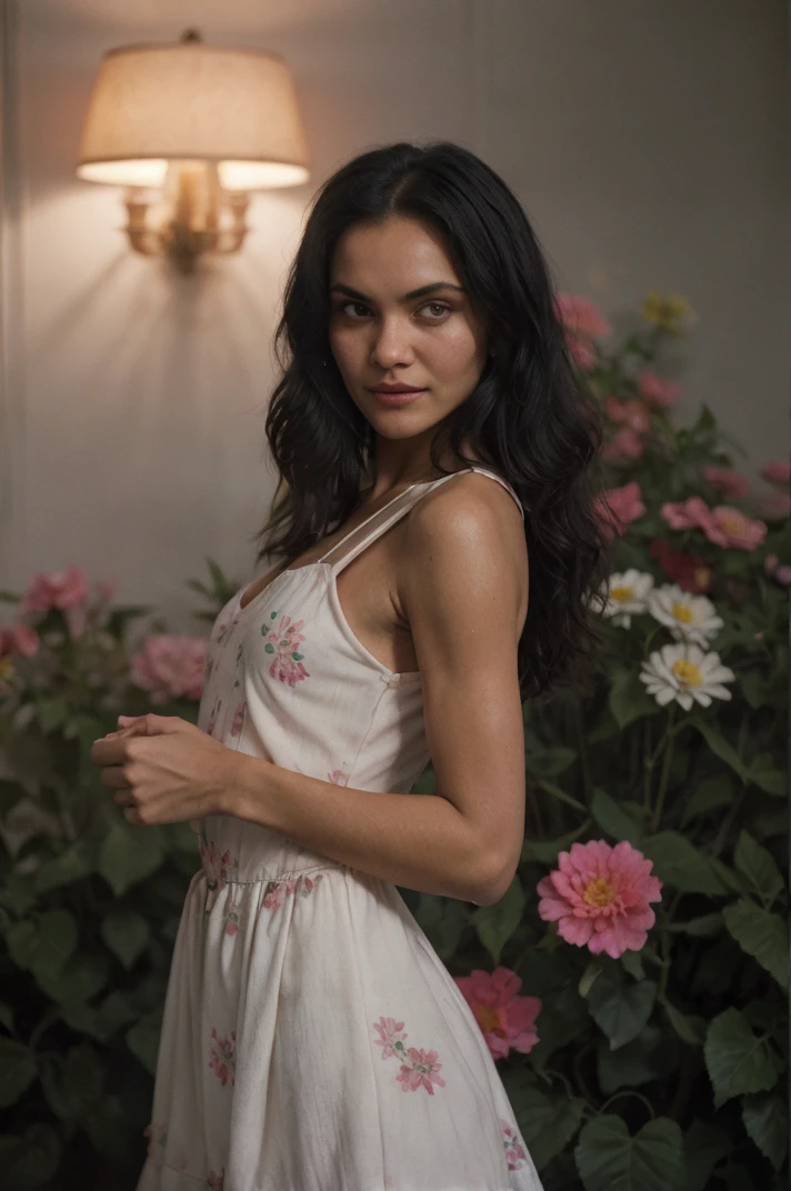tv_Sinead_Harnett_A, model pose, sad expression, ((wearing a flowered summer dress)),full body shot, Dawn, in a palace bedroom, (((relaxed))), "epic-Ultra-HD-details", "epic-Ultra-HD-highlights", PA7_Human-Likeness