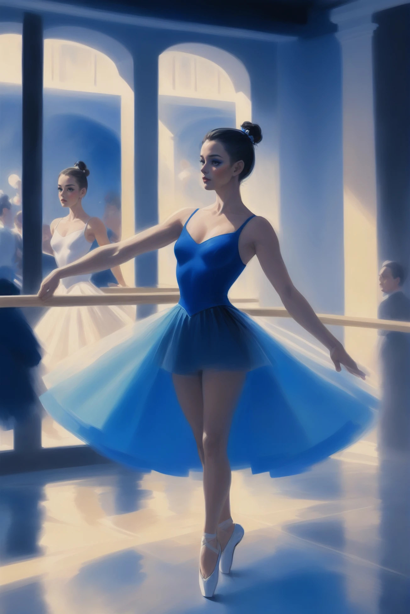 Make a 2D drawing where there is a ballerina in blue at a court ball
