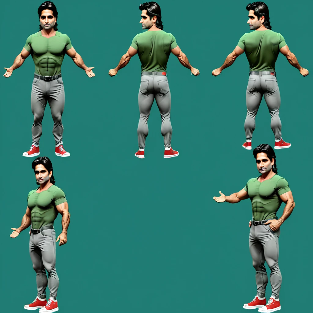 <lora:Everly_Heights_Character_Maker:1> 4view, John Stamos wearing a green t-shirt gray pants and red sneakers
