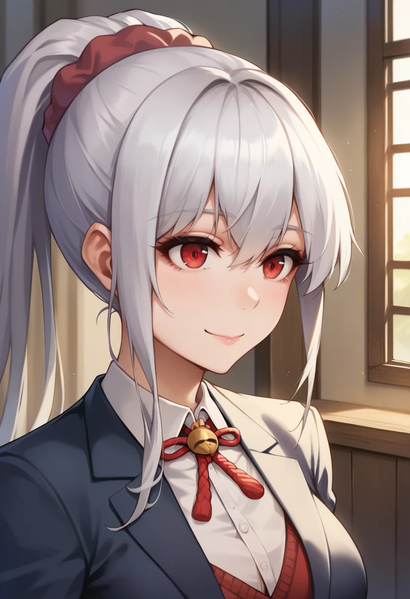 score_9, score_8_up, score_7_up, source_anime, 1girl,red eyes,smile, room, wariza, ponytail,grey hair, portrait, blazer, by niliuchahui <lora:Niliuchahui-Style-PonyXL-Resized:1>