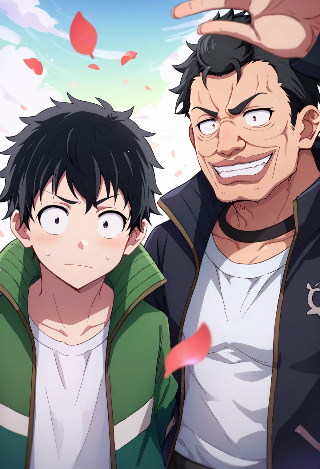 selfie, 2boys, hearts, falling leaves, falling petals, BREAK
tendouakira, white shirt, green jacket, open jacket, and
kosugigonzou, black jacket, open jacket, white shirt, BREAK
<lora:zom100_ponyxl_v4:1>, score_9, score_8_up, score_7_up, score_6_up, anime
