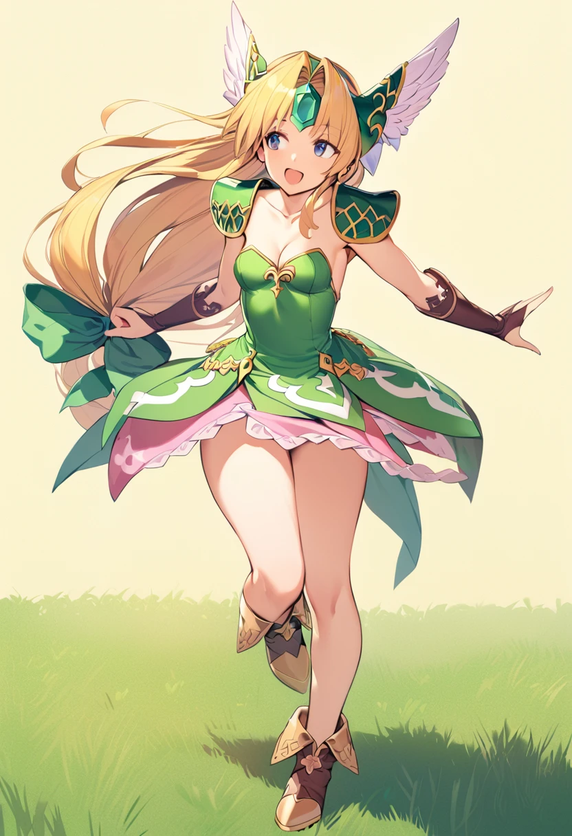 1girl, riesz, trials of mana, blonde hair, solo, low-tied long hair, cleavage, bridal gauntlets, open mouth, very long hair, winged helmet, blue eyes, smile, helmet, shoulder armor, full body, green dress, pauldrons, hair bow, forehead jewel, green bow, yellow background, brown footwear, panties, underwear, :d, grass, strapless dress, bare legs, short dress, looking to the side, looking away, hair intakes, pantyshot, running, standing, bracer, small breasts, hair ribbon, standing on one leg, simple background, leg up, collarbone, parted bangs, high heel boots, legs, hair ornament, gloves, floating hair, ankle boots, thighs, sleeveless dress, skirt, masterpiece, best quality <lora:riesz_sdxl_locon_ani_v1:0.7>