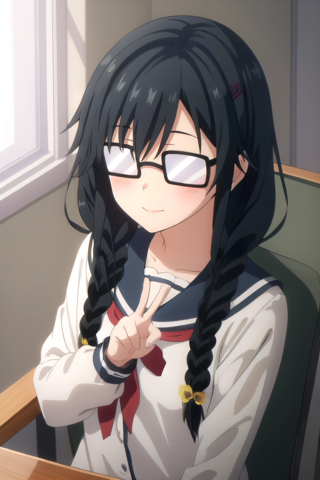 (masterpiece:1.2), best quality, high resolution, unity 8k wallpaper, (illustration), extremely detailed face, perfect lighting, extremely detailed CG, 1girl, solo, <lora:Pansy:0.8>, pansy, twin braids, hair over shoulder, hair ornament, (opaque glasses), blush, frontal view:1.2, upper body, serafuku, peace sign, long sleeves, smile, standing, simple background
