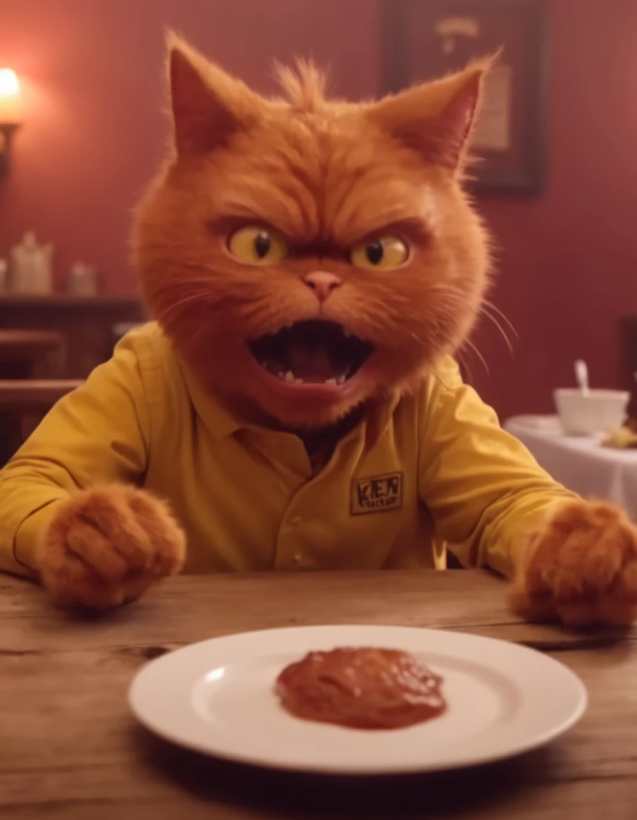 red angry cat at table, yellow eyes, paws on (wooden table), lunch in pub, baked chiken on the plate, ((RESERVED sign)), looking at viewer, close up, professional light, mystical dense fog, epic scene, haunting mist, (creepy and unsettling kids tv show) <lora:UNSTL_KIDS_TV_v2:1>