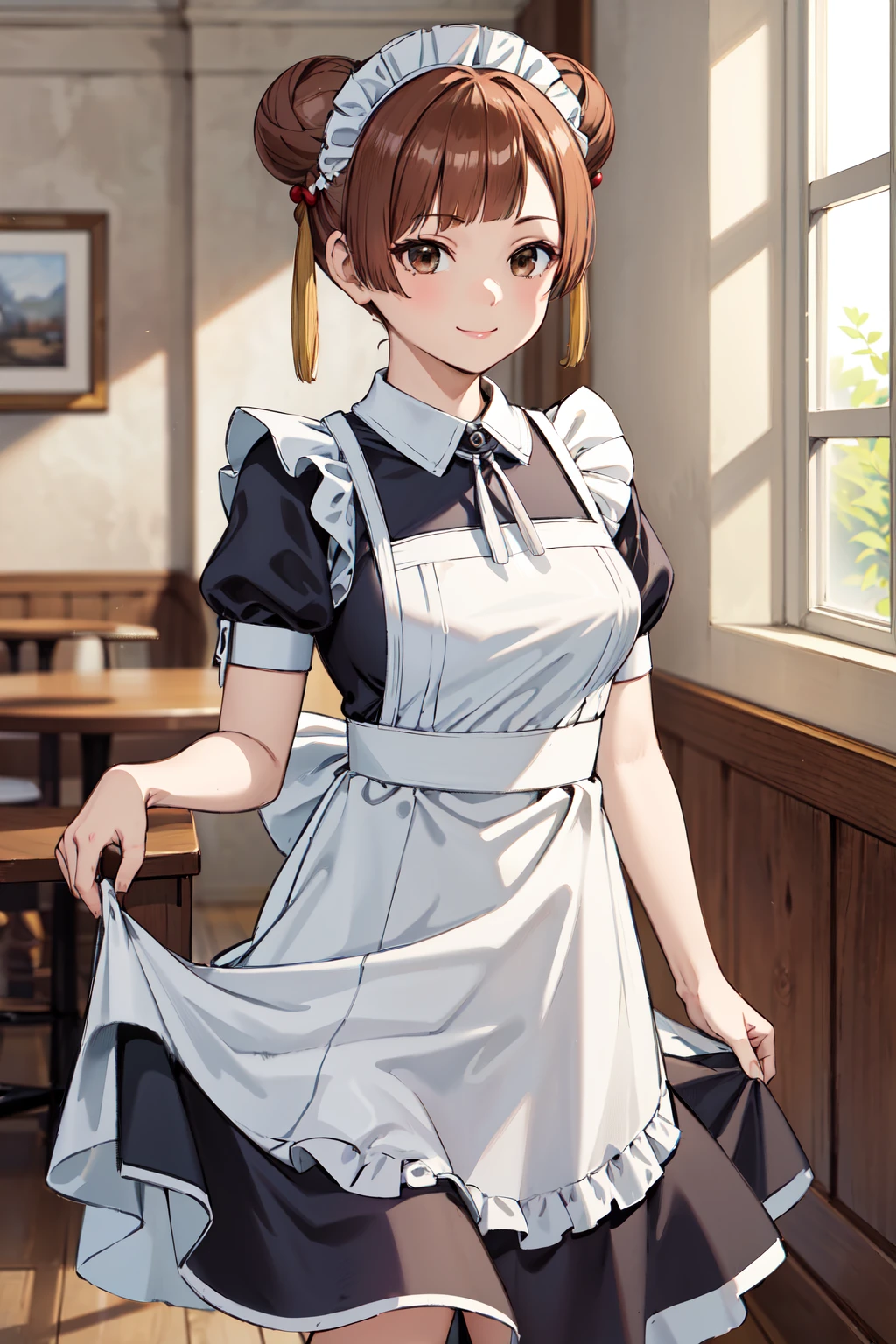 masterpiece,best quality,highres,ultra-detailed,laufen,short hair,double bun,blunt bangs,hair ornament,brown eyes,<lora:laufen:0.7>,indoors,cafe,(maid:1.4),maid headdress,apron,(skirt hold:1.2),standing,cowboy shot,smile,