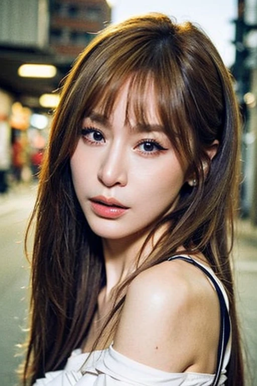 Best quality,masterpiece,ultra high res,(photorealistic:1.2),1girl,in the dark,deep shadow,low key,(photorealistic:1.2),slim body,undone hair,off shoulder,japanese street alley,dynamic pose,face closeup,<lora:cyndi_wang:1>,