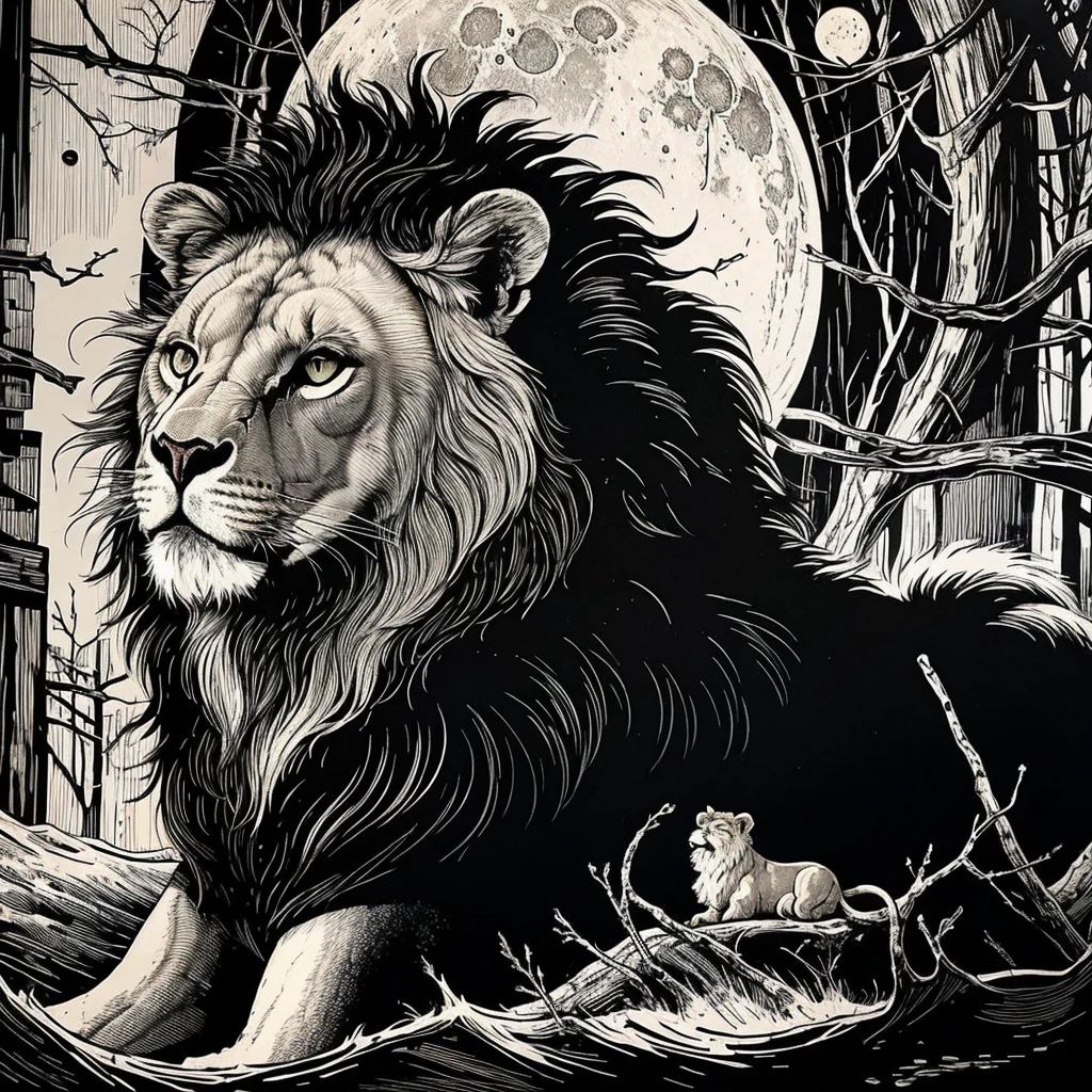 best quality,extreme detailed,<lora:woodblock_print:0.7>,black and white,lion,moon,
