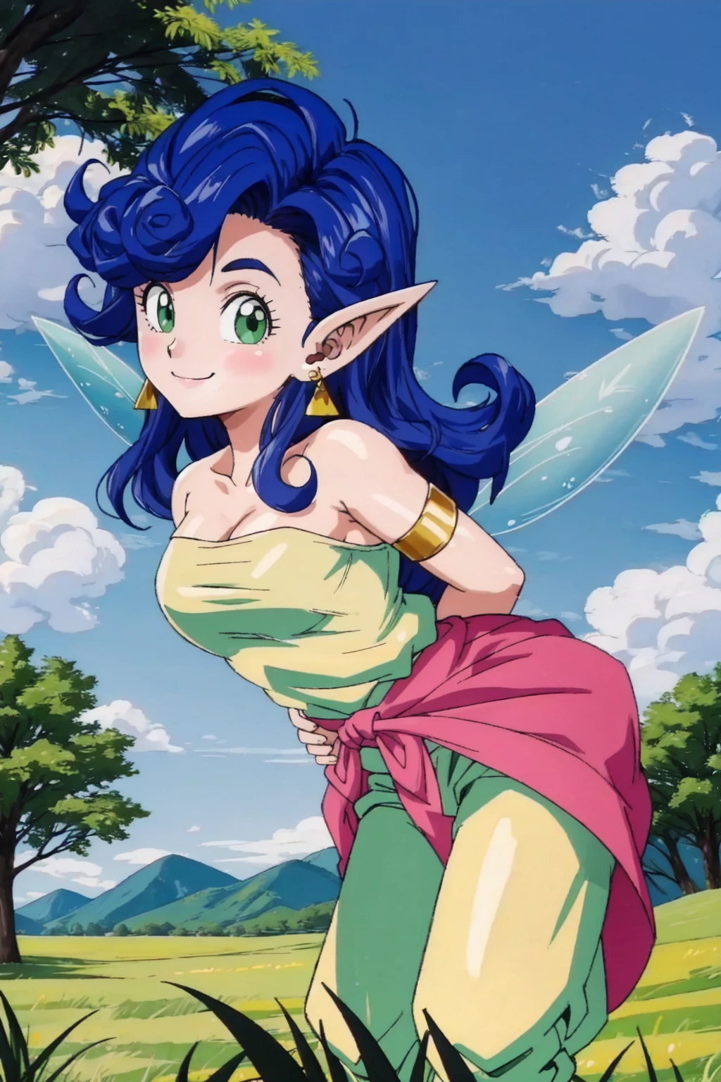 fairy,upper body, 1girl,solo,blue hair,green eyes,small breasts,curly hair,pointy ears,long hair,light green strapless shirt,pink sarong,light green harem pants,(bandaged arm), armlet,earrings,fairy wings,(arms behind back:1.2,leaning forward:1.1),grass, tree, blue sky,nature,closed mouth, smile,looking at viewer,(best quality, masterpiece) <lora:fairy_v1:1>