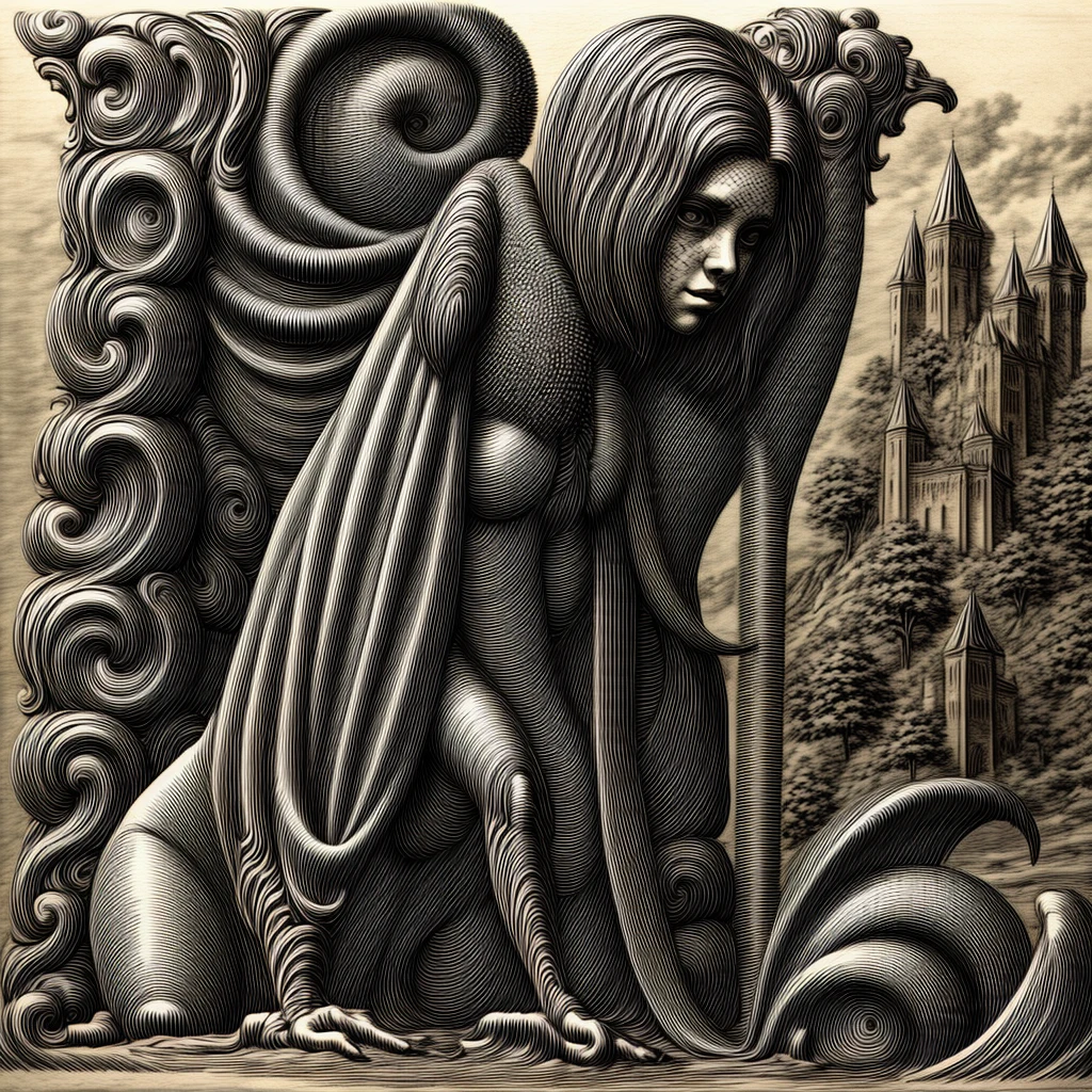 (extremadamente detallado, obra maestra, La mejor calidad), Estilo oscuro, intense illumination, rostro con arrugas, mujer crucificada, tentacle, monstruoso, interior de una piscina de agua verdosa, imagen submarina, alien con Colmillos finos. manchas de tinta. Rococo composition. Luz de caravaggio