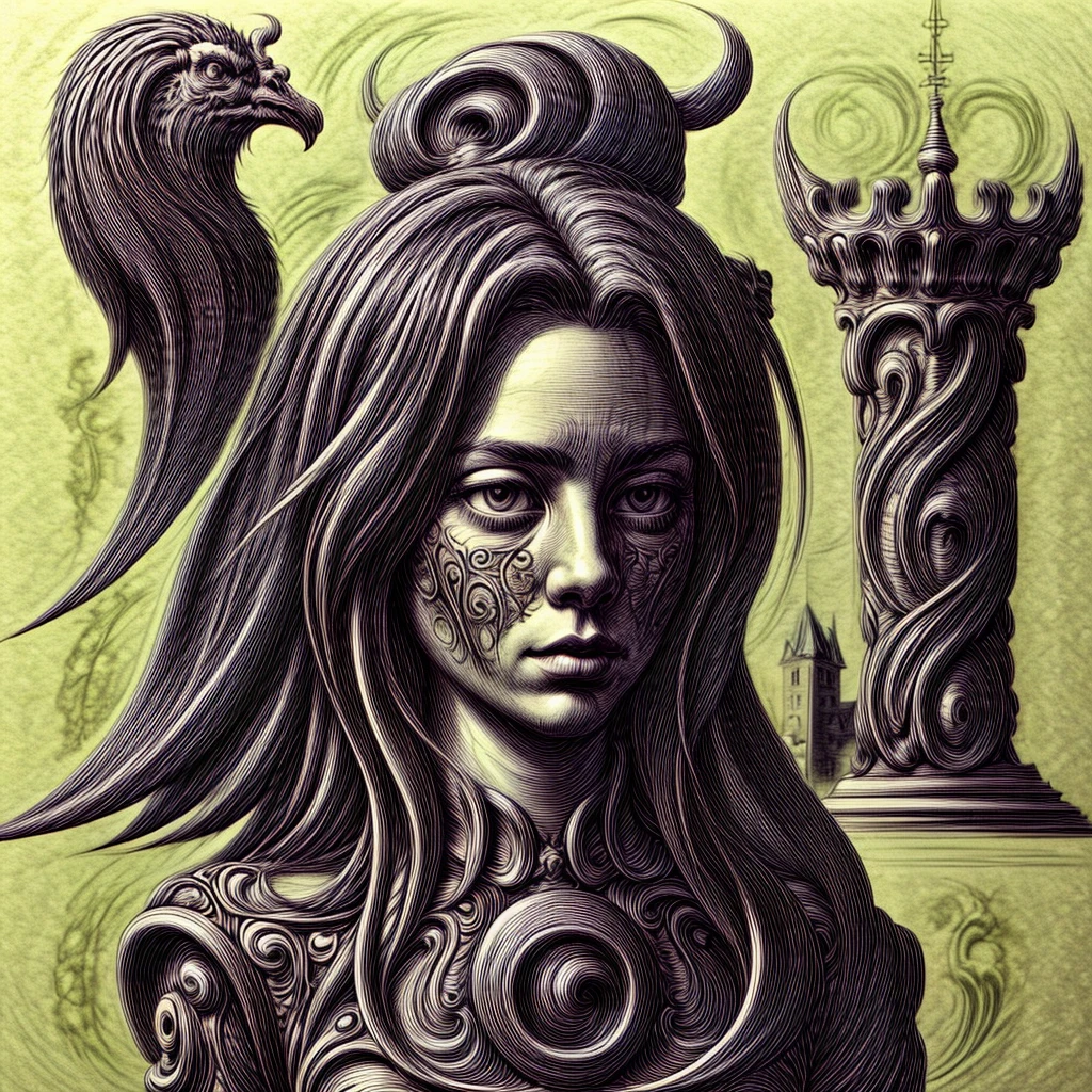 pretty girl, castle behind, engrave, <lora:LCM_LoRA_Weights_SD15:1>, <lora:difConsistency_detail:2> detail, <lora:Grotesque_Bierpfaff_Style_05:1>, grotesque style, sharp, black and white, lineart, on black background