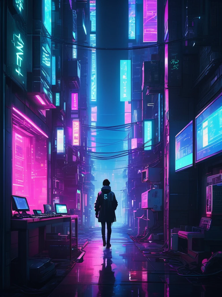 Cyberpunk anime scene of a hacker in a neon-lit alley, surrounded by futuristic gadgets, with a dynamic angle that captures the essence of the bustling city life, digital composition, trending on ArtStation.,