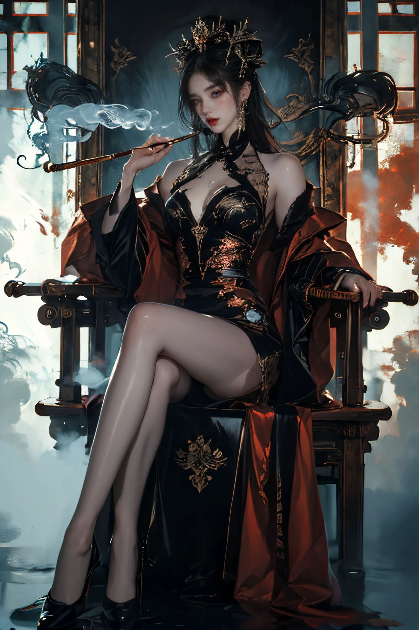 (masterpiece, top quality, best quality, official art, beautiful and aesthetic:1.2),sleek,dark,highly detailed,
xuer tobacco pipe,tobacco pipe,A mature face,(cold attitude,eyeshadow,eyeliner:0.9),(red lips:1.2),watery eyes,(full body:1.2),Dynamic Angle,Dynamic posture,
<lora:~Q?-pe xuer tobacco pipe:0.8>,