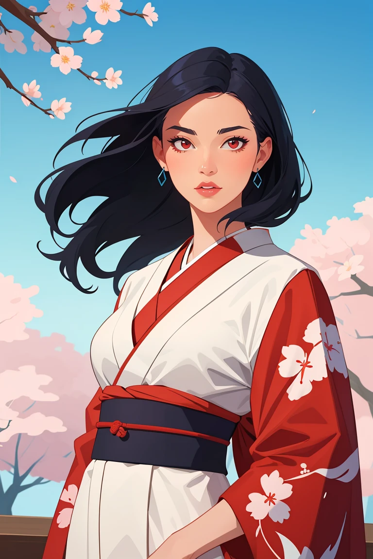 flat vector art,vector illustration, high quality,beautiful face by j Scott Campbell,woman,samurai,flowers in hair,kimono,normal breasts,(white face),red eyes,black hair,perfect lips,dynamic pose,masterpiece,cowboy shot,highly detailed,highres,by Joe Madureira,artistic background,cherry blossoms,painting japanese mountain,by greg rutkowski,<lora:GoodHands-beta2:0.8>,