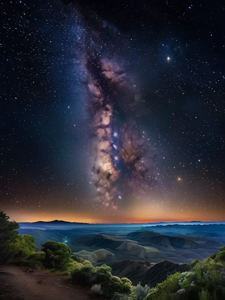 A nighttime photo of the Milky Way arching over a silhouetted landscape, with clear, star-studded skies revealing the vastness of the universe and the beauty of the cosmic view.,