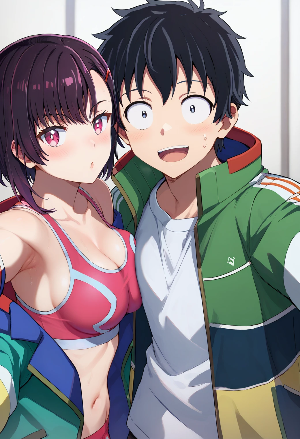 selfie, 1girl, 1boy, hugging, BREAK
tendouakira, white shirt, green jacket, open jacket, and
mikazukishizuka, hooded jacket, open jacket, pink sports bra, BREAK
score_9, score_8_up, score_7_up, score_6_up, anime