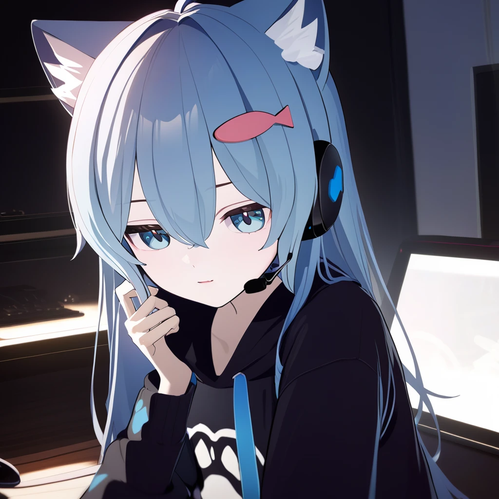 1girl,solo,rusk,long hair,live,headset,studio,Light rendering,illumination,medium quality,newest,General,masterpiece, <lora:rusk_v0.1_new:1>