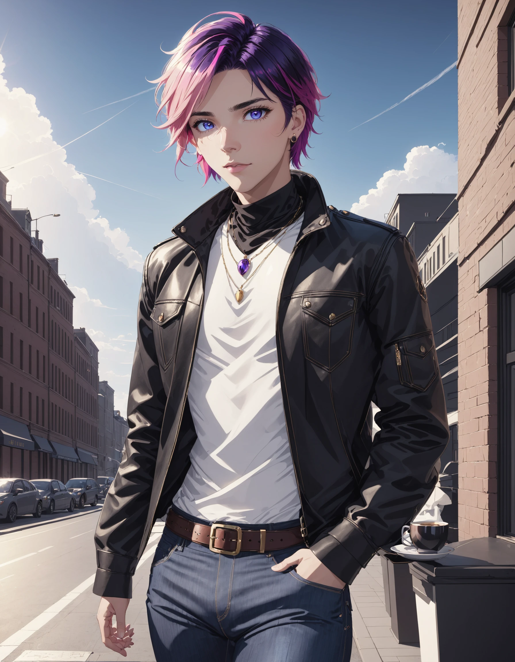 solo, looking at viewer, short hair, blue eyes, shirt, black hair, long sleeves, 1boy, holding, hair between eyes, jewelry, closed mouth, jacket, white shirt, pink hair, purple hair, male focus, cowboy shot, earrings, outdoors, open clothes, sky, day, belt, pants, nail polish, open jacket, cup, blue sky, lips, streaked hair, black jacket, torn clothes, denim, ground vehicle, building, holding cup, motor vehicle, buckle, jeans, city, car, brown belt, road, leather, disposable cup, street, torn pants, leather jacket, coffee cup, cinematic angle, cinematic lighting, masterpiece, official art, PorcelainDuskMix Style , <lora:PorcelainMixes_Animaginexl:1>
