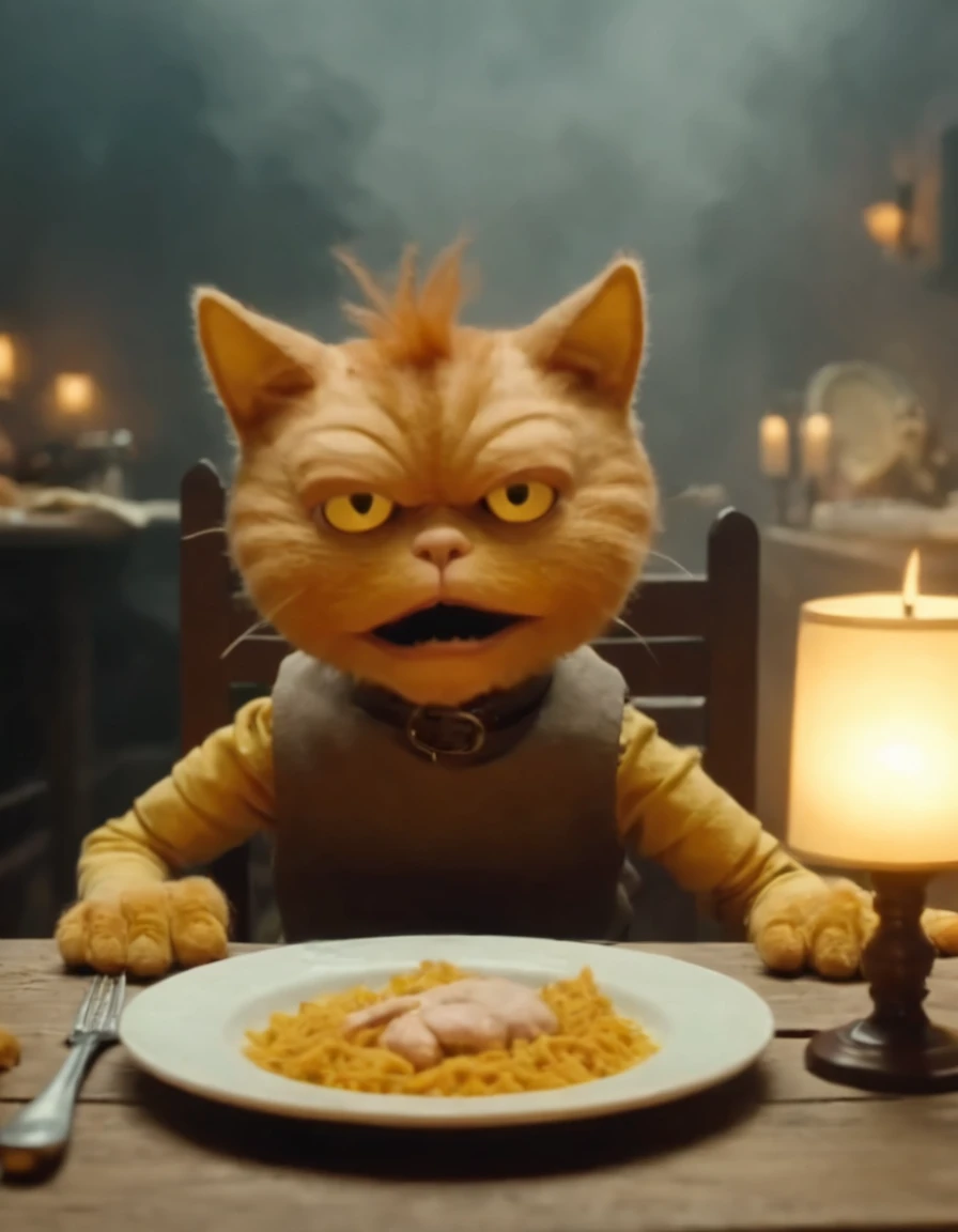 ginger angry puppet cat at table, yellow eyes, paws on (wooden table), gross worms in the plate, lunch in pub, baked chiken on the plate, ((RESERVED sign)), looking at viewer, close up, mystical dense fog, epic scene, haunting mist, (creepy and unsettling kids tv show) <lora:UNSTL_KIDS_TV_v2:1>
